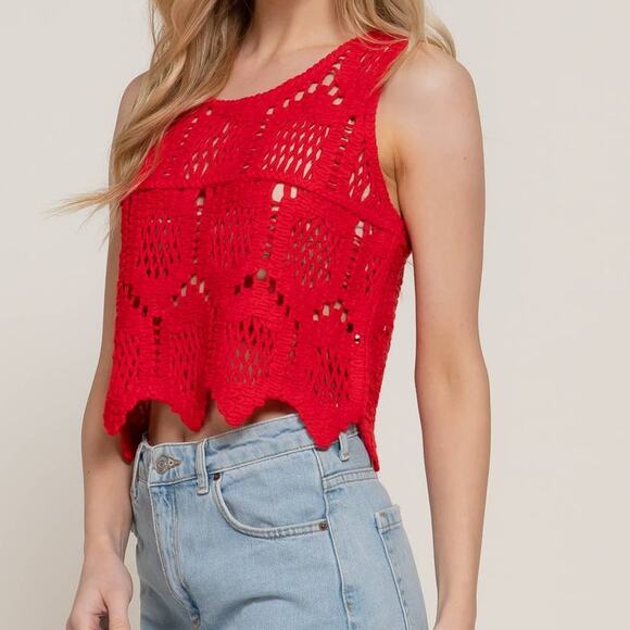 Sleeveless Round Neck Cotton Crochet Crop Tank Top Red - Picture 5 of 5